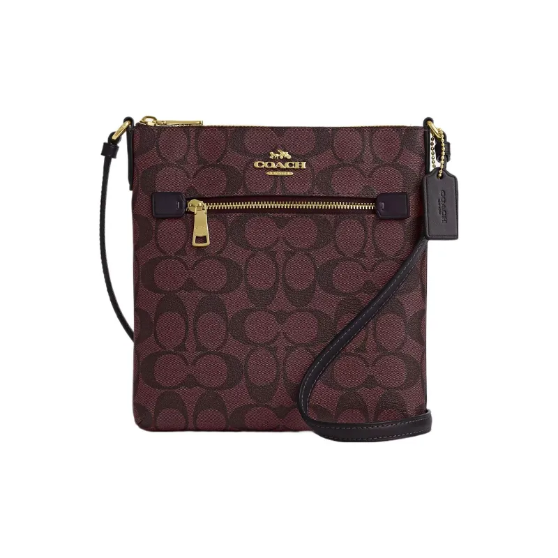 COACH Rowan Canvas With Leather File Bag Shoulder Bag Crossbody Bag Small Size Women's Gold & Deep Red-0
