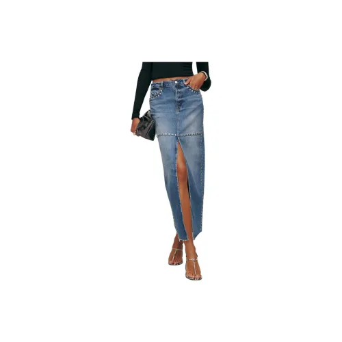 Reformation Denim Long Skirts Women's Hemlock Studded With Hemlock Inlay