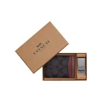 COACH 3 IN 1 Wallet Canvas With Calfskin ID Holder Card Sleeve Card Clip Card Holder Men's Charcoal Blended Red