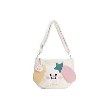 Sound For Life Fabric With Velvet Fuzzy Shoulder Bag Crossbody Bag Large Size Women's Ecru/Coffee