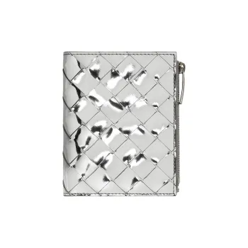 Bottega Veneta Metallic Woven Zip Up Wallet