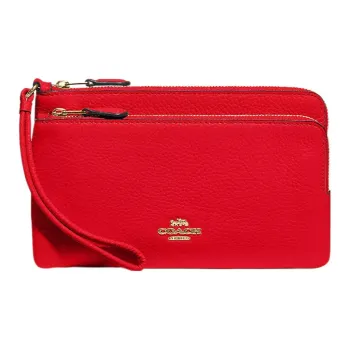 COACH Double Zip Wallet Cow Leather Coin Purse Wallet Small Size Women's Gold & Electric Red