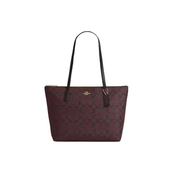COACH Zip Top Tote Canvas With Leather Tote Bag Handbag Shoulder Bag Shopping Bag Large Size Women's Gold & Deep Red