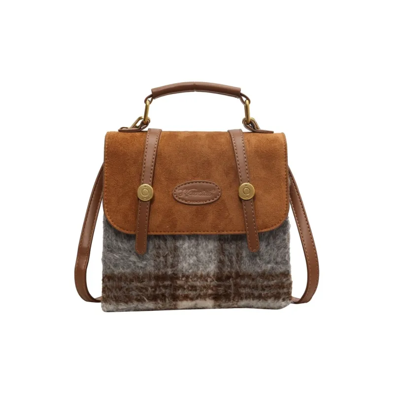 NOMK Woolen With PU Backpack Regular Women's Brown Plaid/Gray Plaid-5