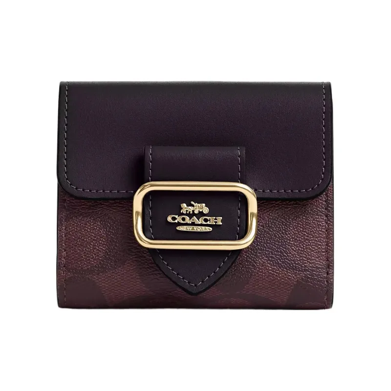 COACH Morgan Canvas With Leather Coin Purses Wallets Women's Gold & Dark Red-0