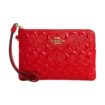 COACH Corner Zip Patent Leather Leather Coin Purses Wallets Small Size Women's Gold & Electric Red