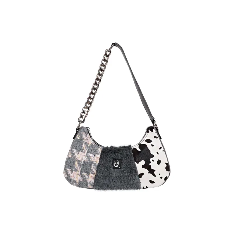 REBIRTH Leather Shoulder Bag Portable Crossbody Bag Shoulder Bag Medium Size Women's Gray Plaid/Pink Peach-7