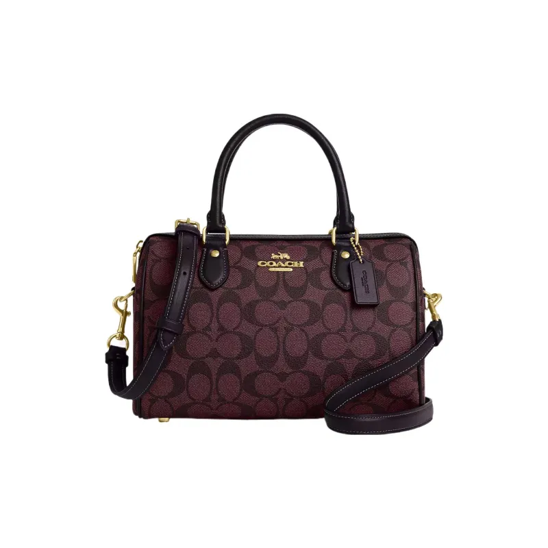 COACH Rowan Canvas With Leather Boston Bag, Handbag, Shoulder Bag, Crossbody Bag Medium Size Women's Coffee-0