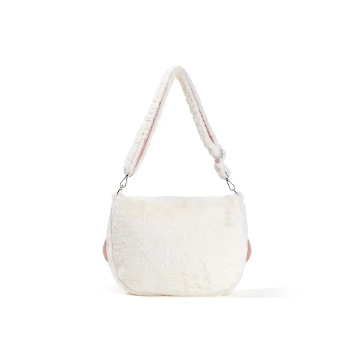 Sound For Life Fabric With Velvet Fuzzy Shoulder Bag Crossbody Bag Large Size Women's Ecru/Coffee-3