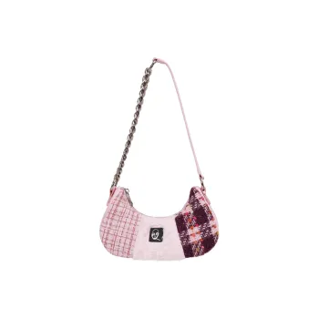 REBIRTH Leather Shoulder Bag Portable Crossbody Bag Shoulder Bag Medium Size Women's Gray Plaid/Pink Peach