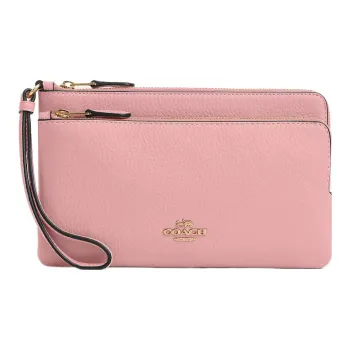 COACH Double Zip Wallet Cow Leather Coin Purse Wallet Small Size Women's Gold & Light Blush