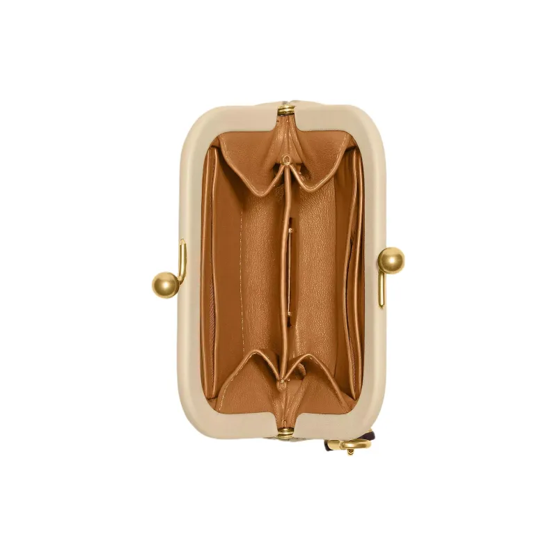COACH Kisslock Leather Coin Purse Women's Beige-1