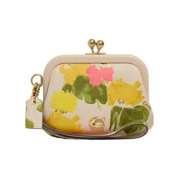 COACH Kisslock Leather Coin Purse Women's Beige
