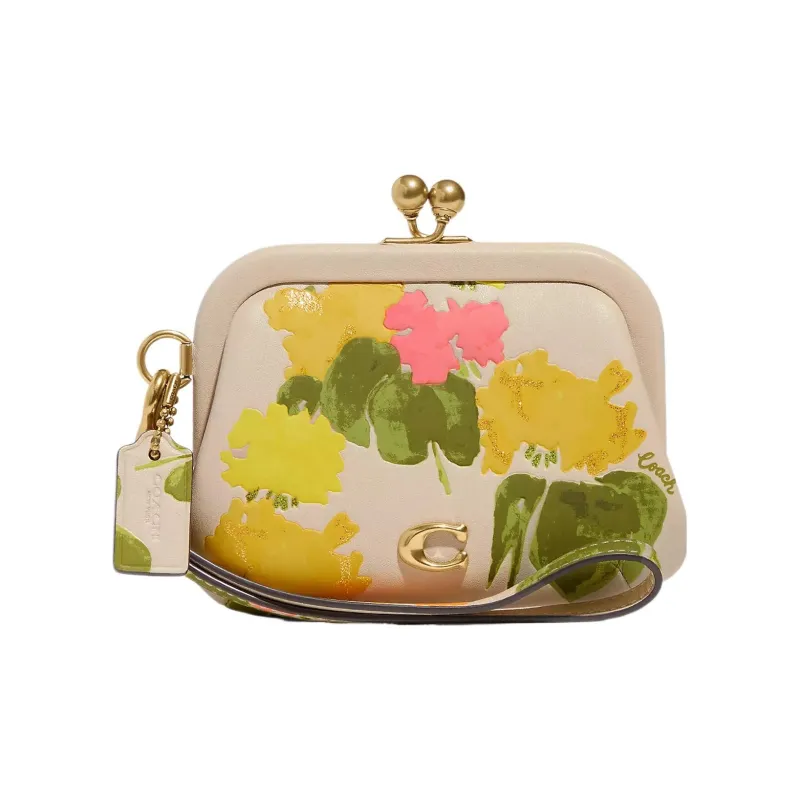 COACH Kisslock Leather Coin Purse Women's Beige-0