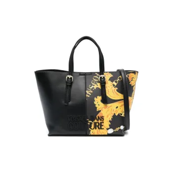 VERSACE JEANS COUTURE Artificial Leather Tote Bag, Shopping Bag, Handbag Women's Black & Gold