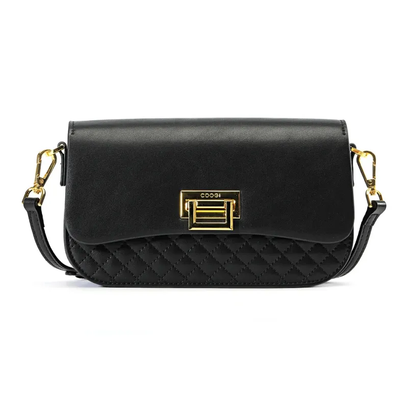 COOGI Cow Leather Shoulder Bag, Crossbody Bag Medium Size Women's Black/Ecru/Khaki-0