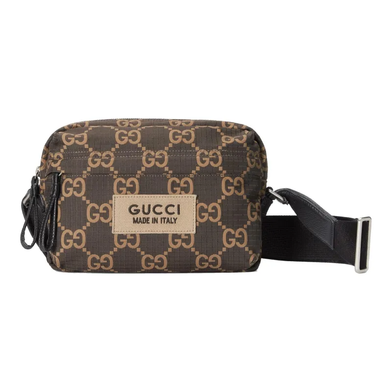 GUCCI Recycled Polyester Shoulder Bag, Crossbody Bag Medium Size Men's Ebony & Beige-0