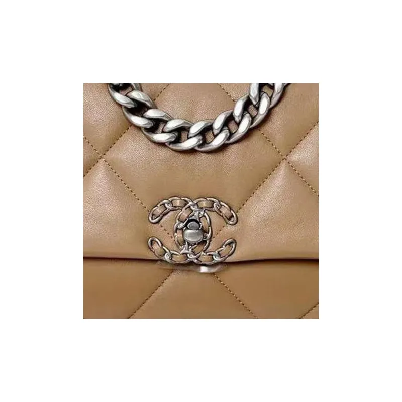 CHANEL 19Bag Sheepskin Flap Bag Handbag, Shoulder Bag, Crossbody Bag Trumpets Women's Beige Brown-6