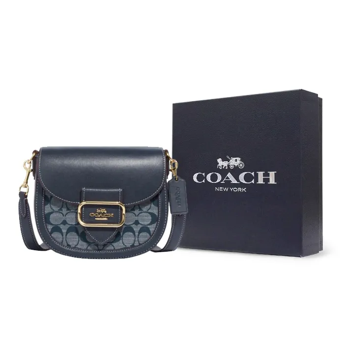 COACH Morgan Cow Leather With Textile Saddle Bag Shoulder Bag Crossbody Bag Small Size Women's Denim Blue-7
