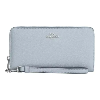 COACH Zip Around Leather Wrist Bag Coin Purse Wallet Small Size Women's Silver With Light Blue Accents