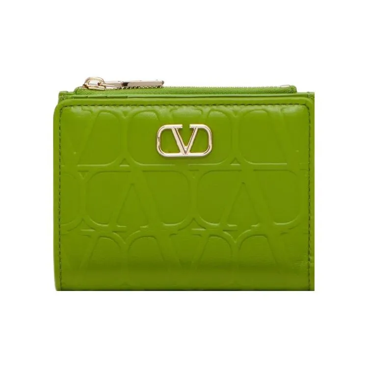 Valentino GARAVANI Leather Printed Pattern Calfskin Wallet Women's Yellow Green-0