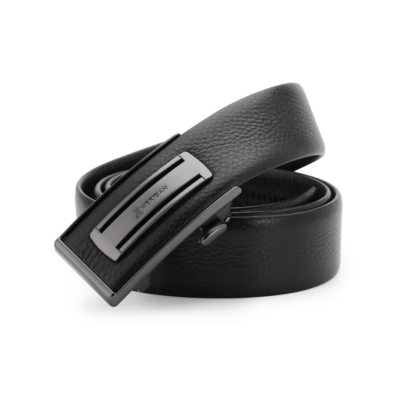 MEXICAN Business Automatic Buckle Flexible And Durable Litchi Grain Top Grain Cow Leather Belt Men's Black 3.5cm Width-1