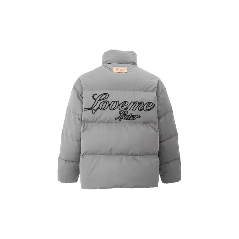 LOVE ME LATER Floral Embroidered Logo Stand Collar Zip Closure Down Jacket Unisex-3