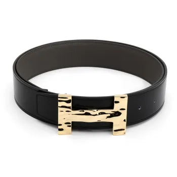HERMES Quizz H2O Gold Buckle Togo Calfskin Double Sided Leather Belt Men's Black/Umber Width 3.8CM