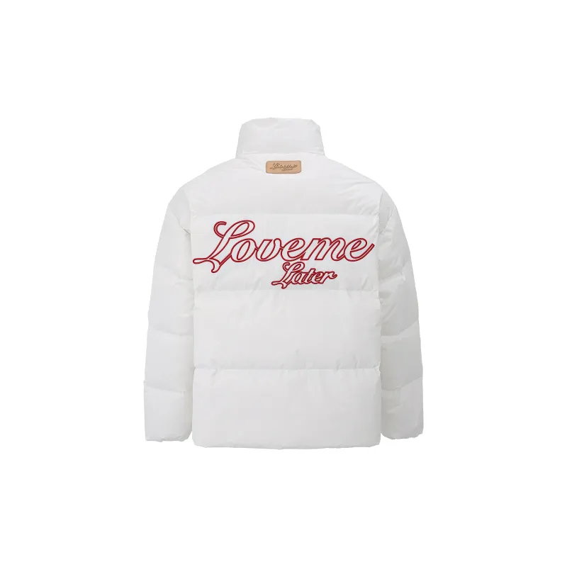 LOVE ME LATER Floral Embroidered Logo Stand Collar Zip Closure Down Jacket Unisex-1