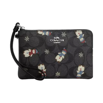 COACH Corner Zip Canvas With Leather Coin Purses Wallets Small Size Women's Black