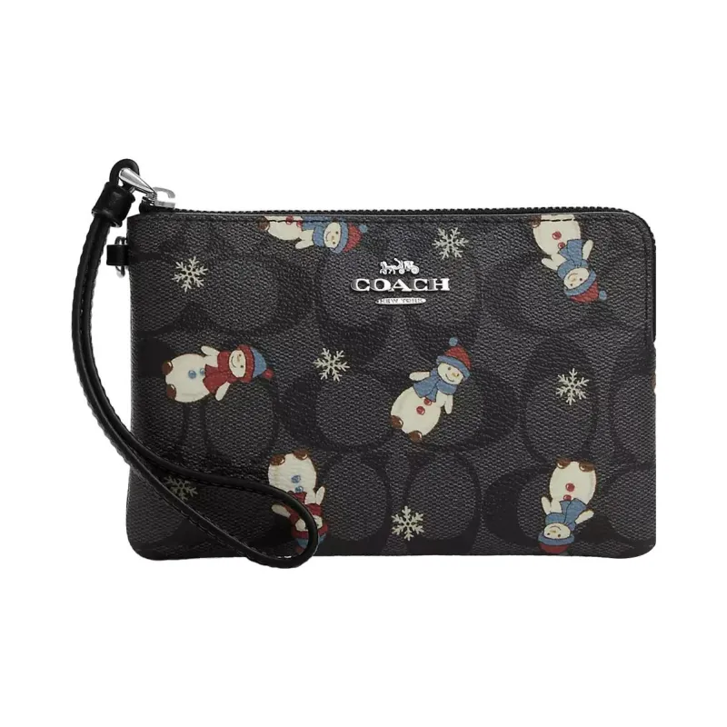 COACH Corner Zip Canvas With Leather Coin Purses Wallets Small Size Women's Black-0