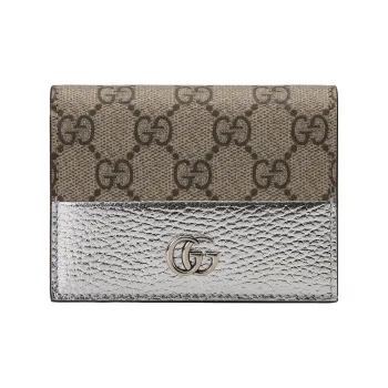 GUCCI GG Marmont Canvas With Leather Card Holder Regular Women's Silver & Brown