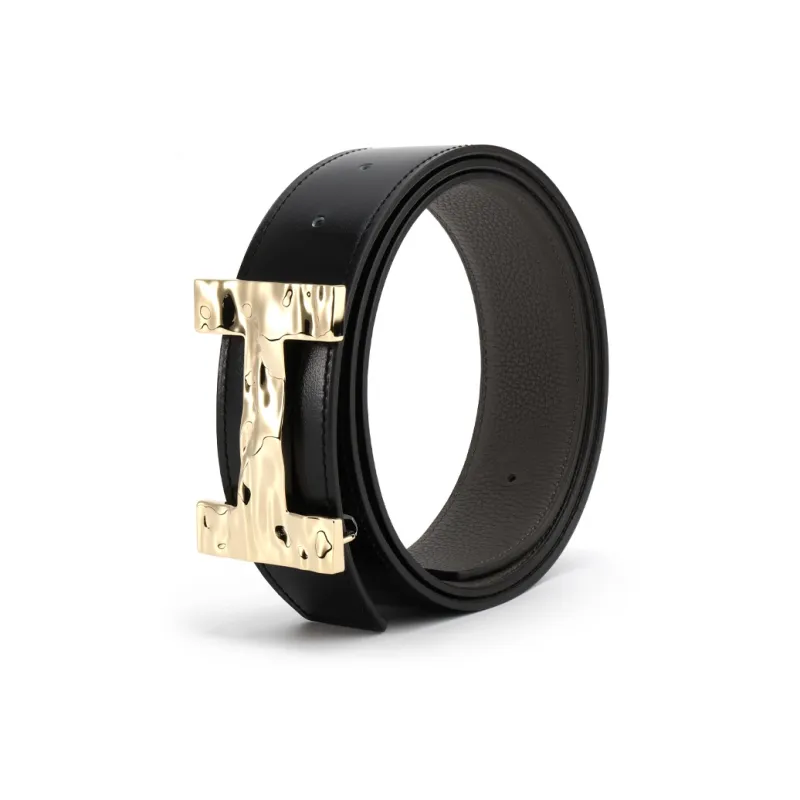 HERMES Quizz H2O Gold Buckle Togo Calfskin Double Sided Leather Belt Men's Black/Umber Width 3.8CM-1