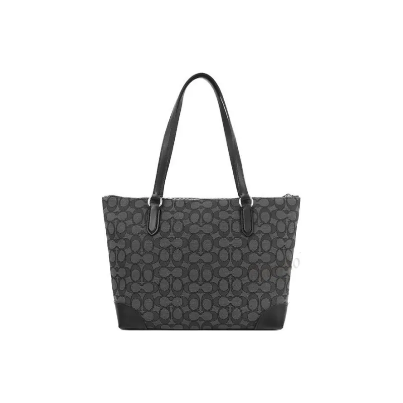 COACH Zip Top Tote Canvas With Leather Dumpling Bag Tote Bag Shopping Bag Handbag Shoulder Bag Women's Gray Black-4