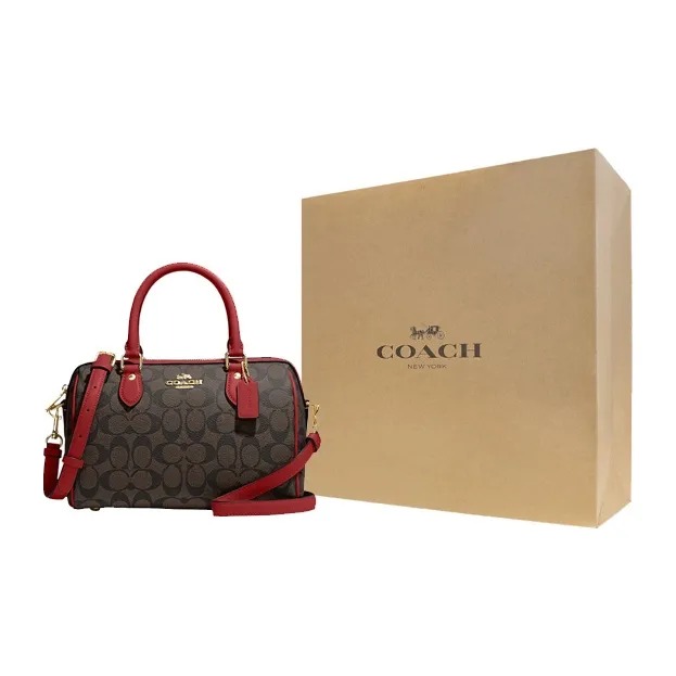 COACH Rowan Canvas With Leather Handbag Shoulder Bag Crossbody Bag Medium Size Women's Brown & Red-6