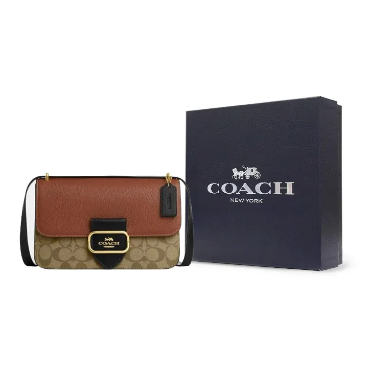 COACH Morgan Square Fabric With Leather Shoulder Bag, Crossbody Bag Medium Size Women's Khaki & Brown-6