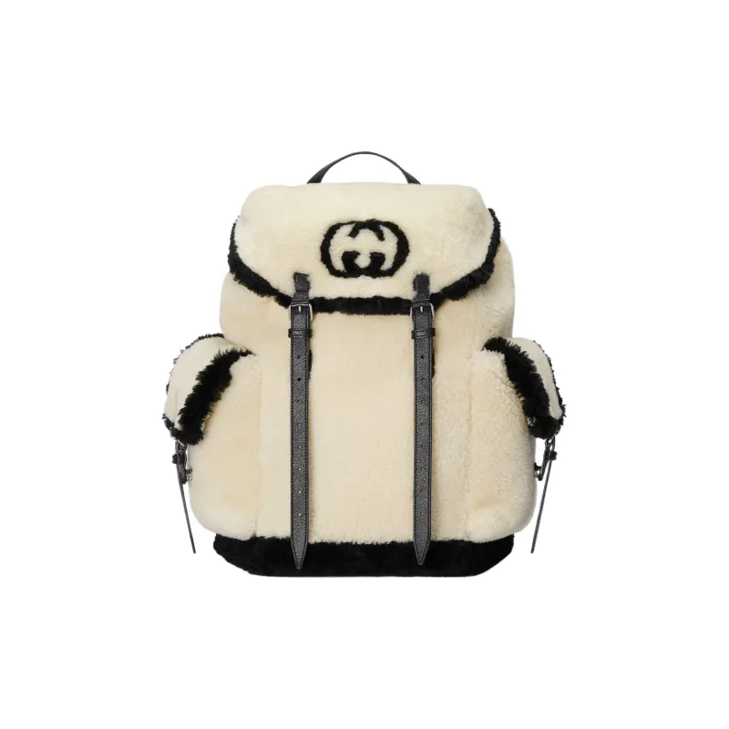 GUCCI Shearling Bonded Leather Backpack Men's Gray White & Black-0