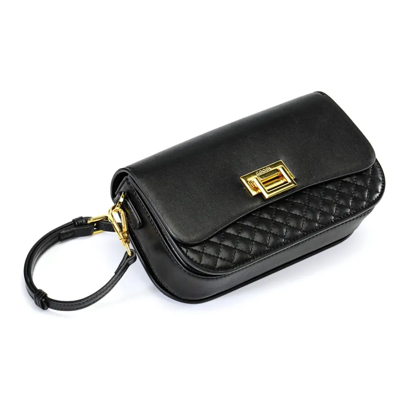 COOGI Cow Leather Shoulder Bag, Crossbody Bag Medium Size Women's Black/Ecru/Khaki-3