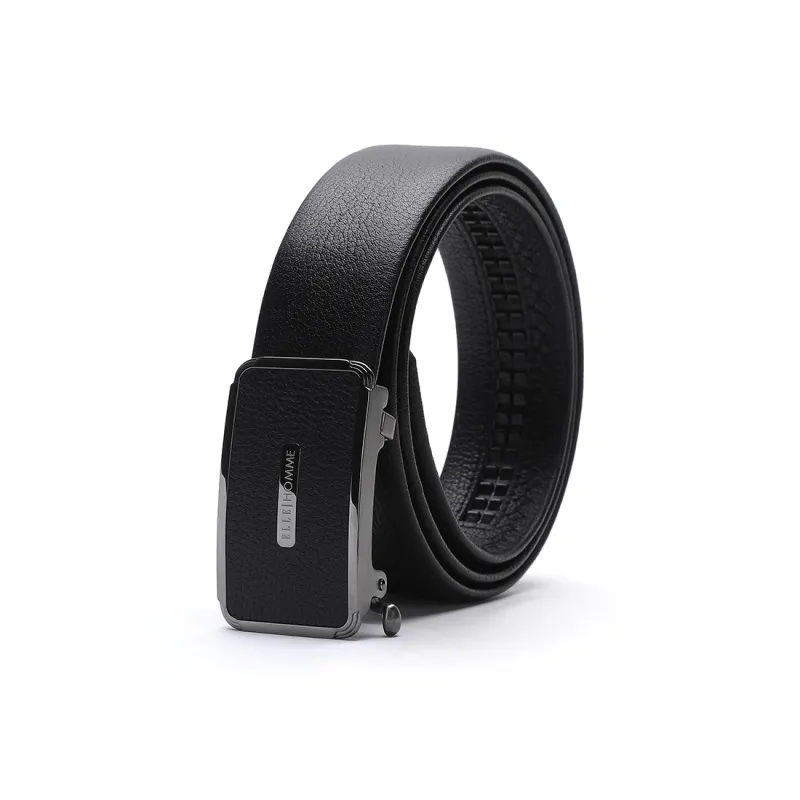 ELLE HOMME Automatic Buckle With Leather Steel Buckle Belt Top Grain Cow Leather Belts Men's Black Width 3.7cm-1