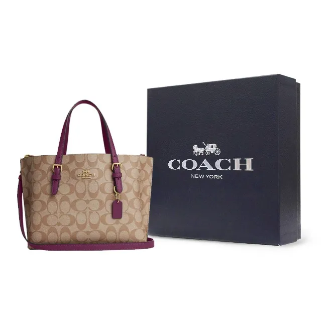COACH Mollie Coated Canvas With Leather Tote Bag, Shopping Bag, Handbag Regular Women's Khaki/Boysenberry-7