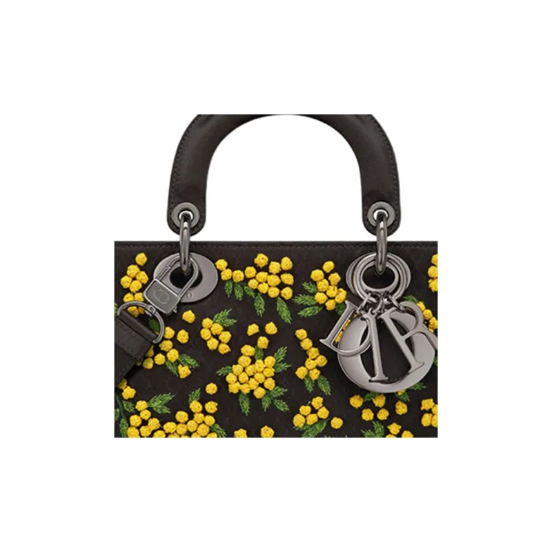 DIOR Lady D-JOY Embroidery With Satin Daisie Bag Shoulder Bag Crossbody Bag Handbag Women's Black/Yellow-6