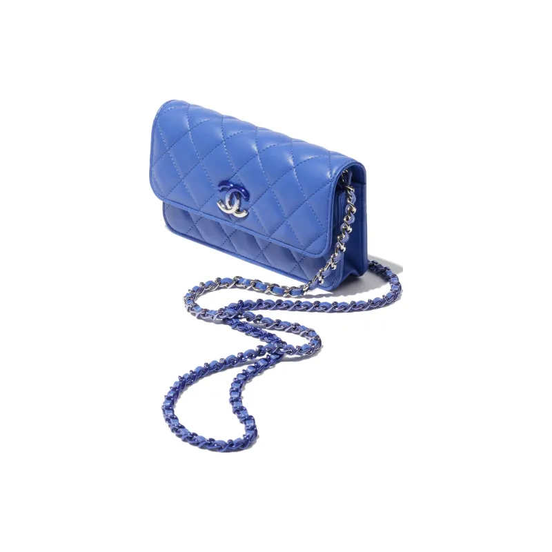 CHANEL Lambskin Flap Bag, One Shoulder Crossbody, Cell Phone Pouch Women's Blue-1