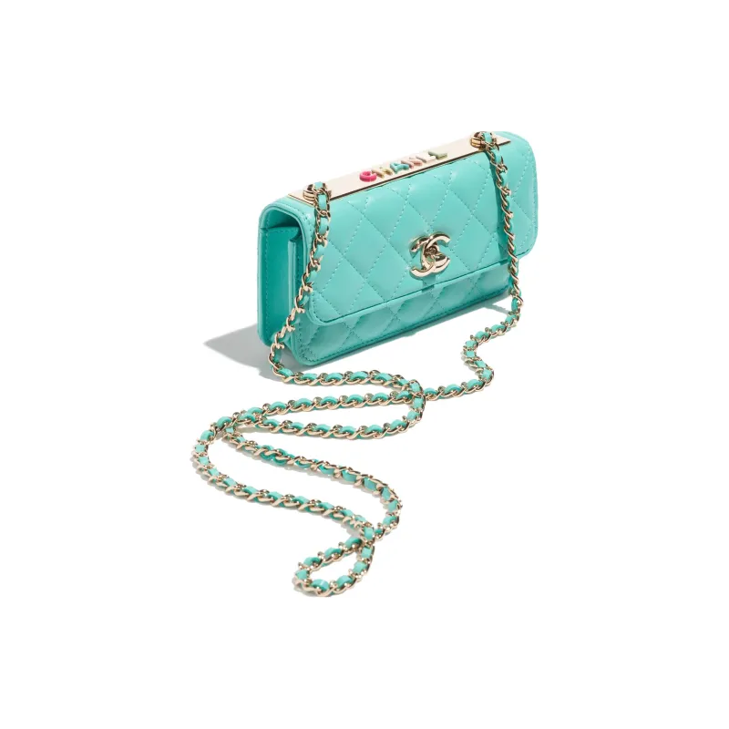 CHANEL Lambskin Flap Bag, One Shoulder Crossbody, Cell Phone Pouch Women's Turkish Blue-1