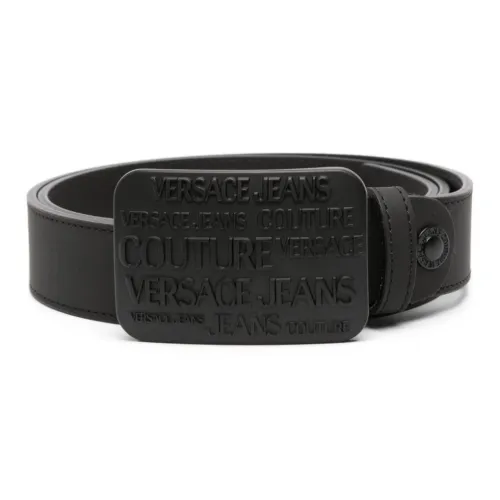 VERSACE JEANS COUTURE Large Area Embossed Logo Print Smooth Buckle Leather Belts Men's Black Width 3.5CM