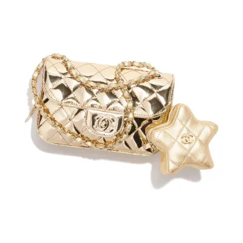 CHANEL Mirror Finish Calfskin With Lambskin Accents Coin Purse Shoulder Bag Crossbody Bag Mini Women's Light Gold