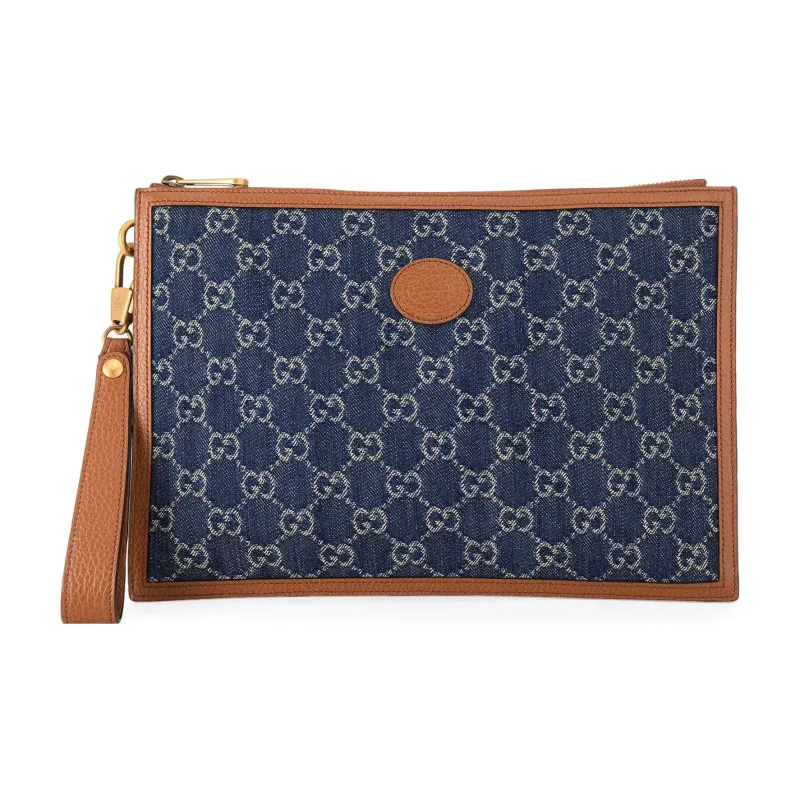 GUCCI GG Denim Denim With Leather Clutch Regular Men's Blue/Brown-1
