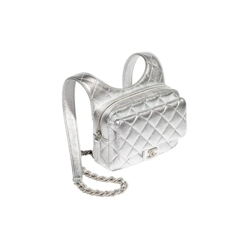 CHANEL Metallic Feel Sheepskin Backpack Women's Silver-1