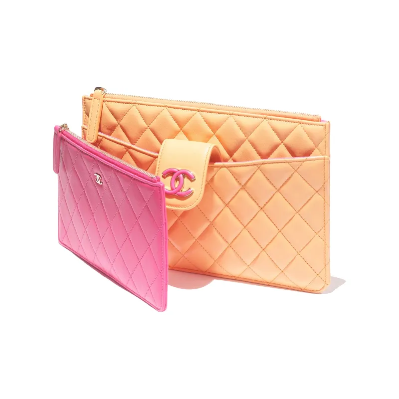 CHANEL Sheepskin Clutch Women's Orange & Dark Pink-1