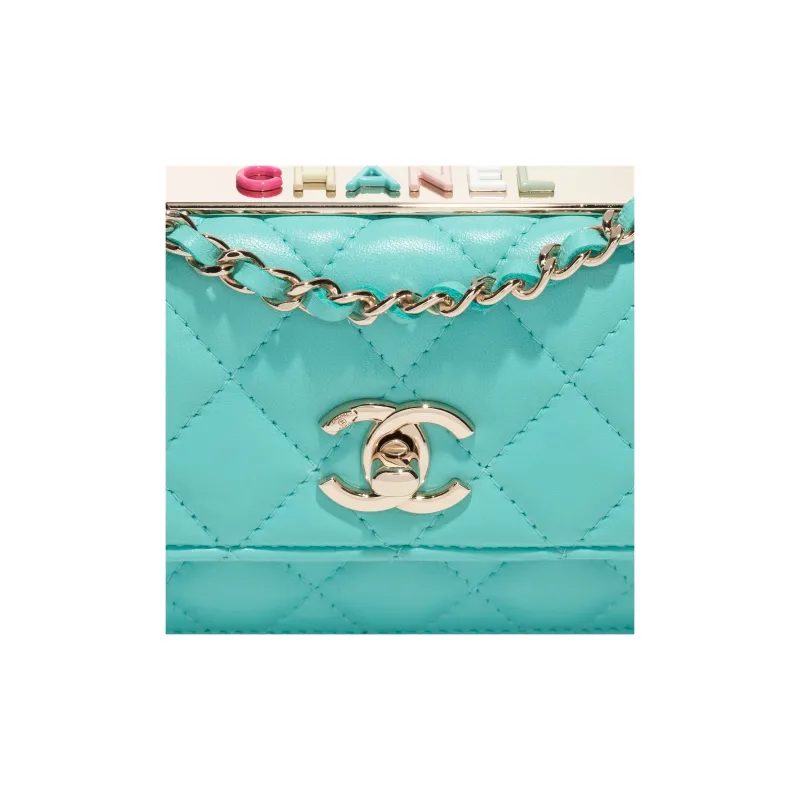 CHANEL Lambskin Flap Bag, One Shoulder Crossbody, Cell Phone Pouch Women's Turkish Blue-3
