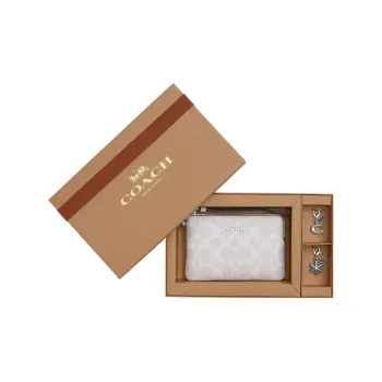 COACH Corner Zip Canvas With Leather Wallet Clutch Wrist Bag Small Size Women's Silver & Chalk